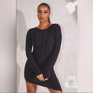 PrettyLittleThing NWT BLACK JERSEY SEAM LONG SLEEVE ASYMMETRIC BODYCON Dress